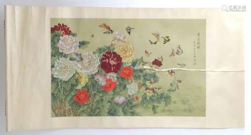 A Chinese scroll with painted decoration of peonies,