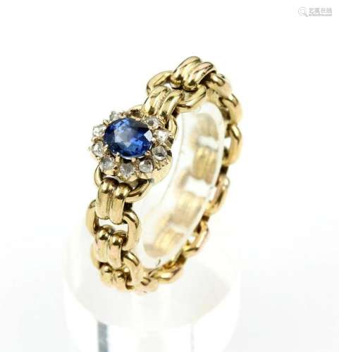 18 kt gold chain ring with sapphire and diamonds