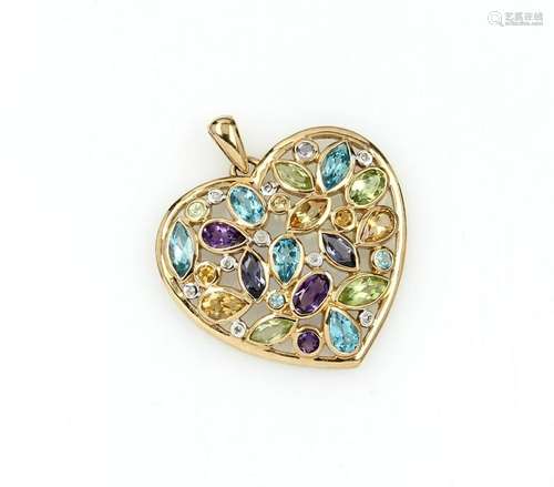 9 kt gold heart pendant with coloured stones and