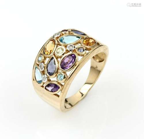 9 kt gold ring with coloured stones and brilliants