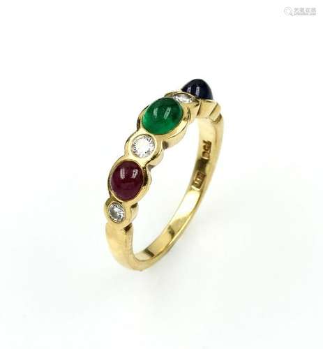 18 kt gold ring with coloured stones and brilliants