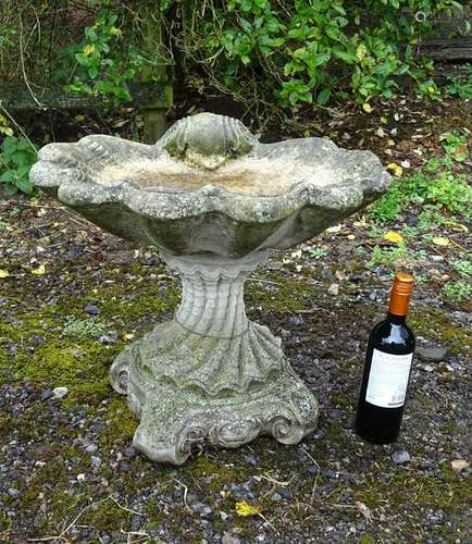 Re-constituted Stone Bird Bath: a pedestal scallop