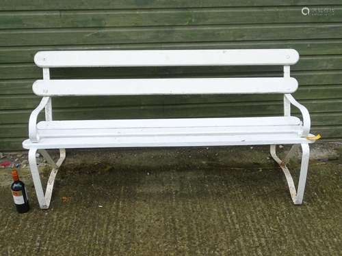 Vintage wrought iron and painted wood slatted bench