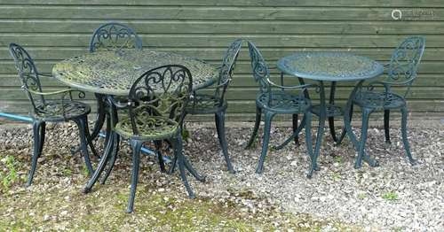 Garden Tables and chairs: two painted cast metal tables