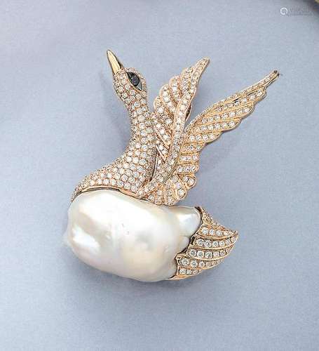 18 kt gold pendant/brooch 'swan' with monsterpearl,