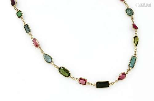 Long 18 kt gold necklace with coloured stones