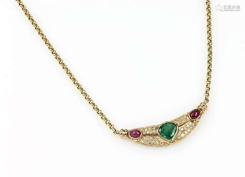 14 kt gold necklace with coloured stones and brilliants