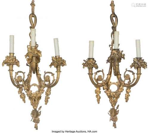 25096: A Pair of Neoclassical-Style Three-Light Gilt Br