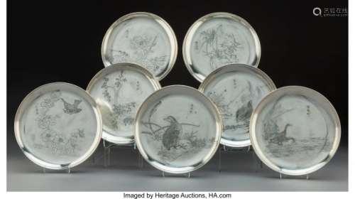 74005: A Set of Seven Japanese Silver Plates, Meiji Per