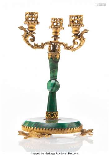 25101: A Miniature Malachite and Gilt Bronze Candelabru