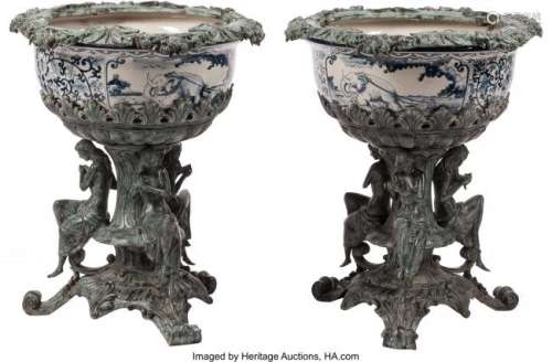 74165: A Pair of Bronze-Mounted Blue and White Porcelai