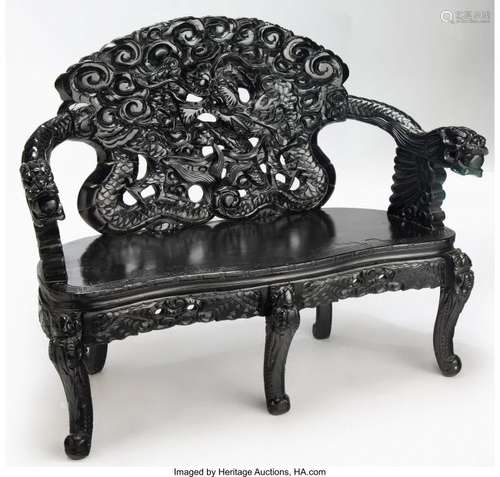 25246: A Japanese Carved Wood Black Lacquered Settee 41