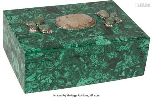 74196: A Malachite Box with Inset Jade Plaque 4-1/4 x 1