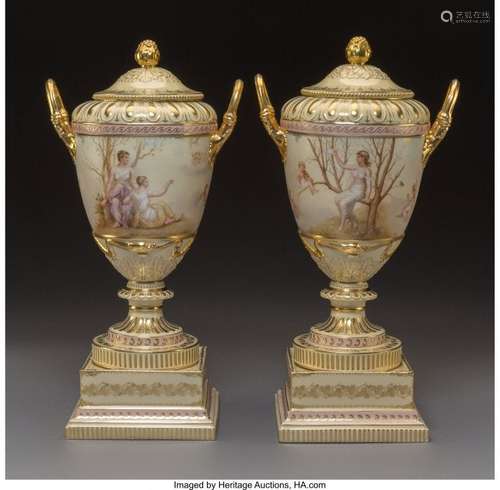 74240: A Pair of Royal Vienna Gilt Bronze Mounted Porce