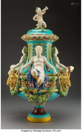 74274: A Large Minton Majolica Figural Covered Urn, Sto