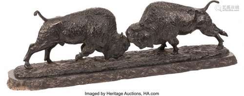 74344: A Patinated Bronze Sculpture of Two Bison on a S