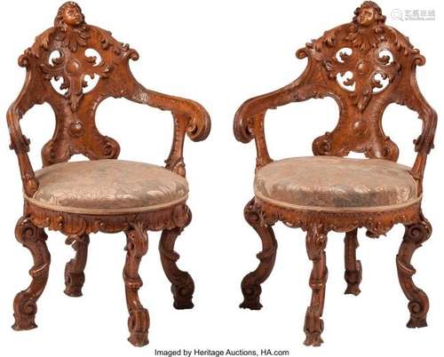 74345: A Pair of Venetian Rococo-Style Carved Wood Armc