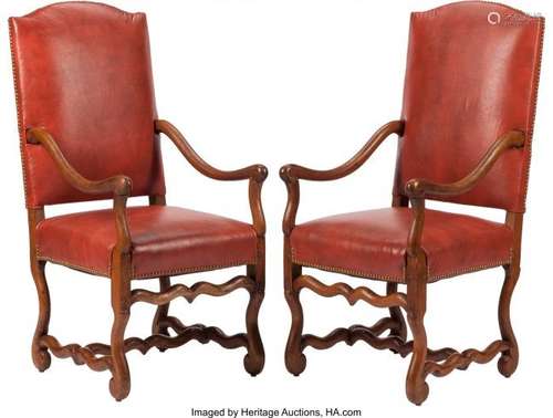 74347: A Pair of Louis XIV-Style Red Leather Upholstere