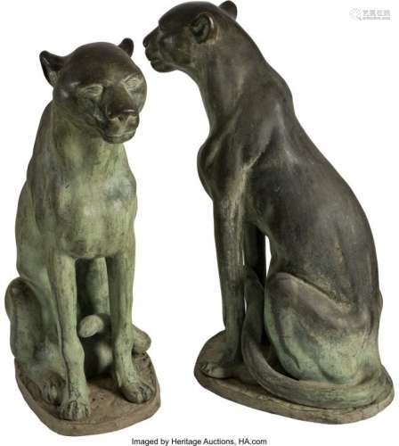 74364: A Pair of Patinated Bronze Panther Sculptures, c