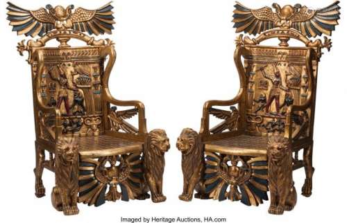 74366: A Pair of Egyptian Revival Carved and Painted Wo