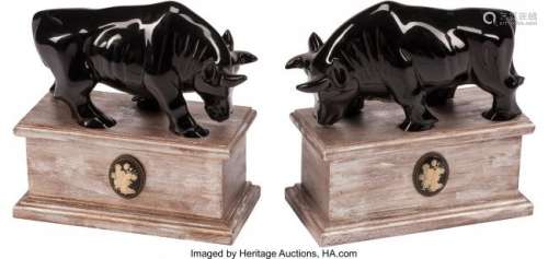 74377: A Pair of Carved Black Onyx Bull Figural Bookend