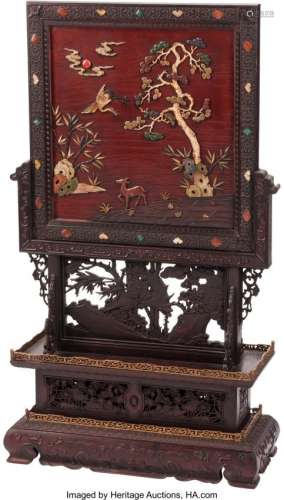 74393: A Chinese Lacquer and Stone Inlaid Hardwood Floo