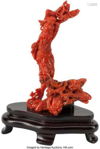 74403: A Chinese Carved Coral Figure of a Man and Fish