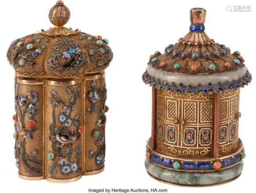 74409: Two Chinese Silver and Jeweled Tea Caddies 5-1/2