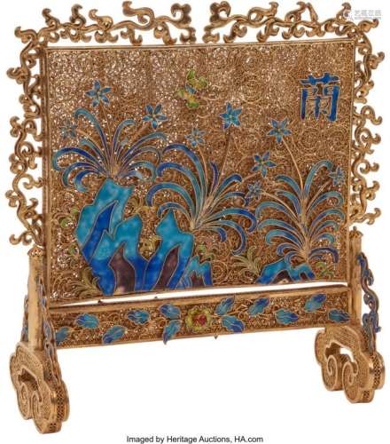 74411: A Chinese Enameled and Gilt Silver Table Screen