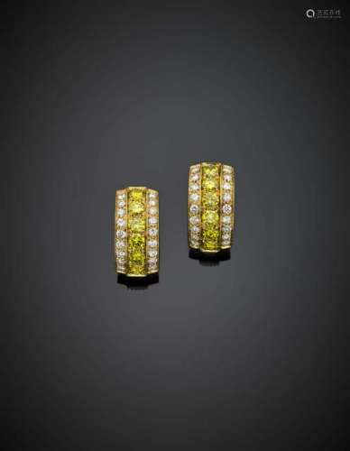 Yellow gold colorless and fancy color diamond earclips,