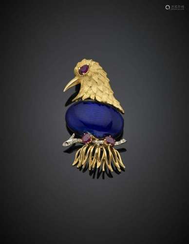 Yellow and sabled gold blue guilloché enamel bird