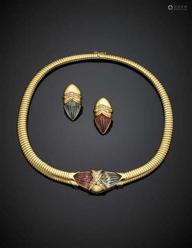 Carved pink tourmaline and aquamarine yellow gold