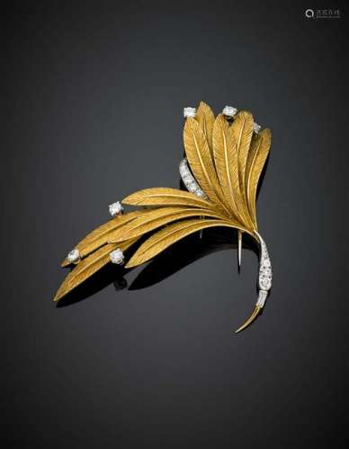 Yellow gold, platinum and diamond floral brooch in all