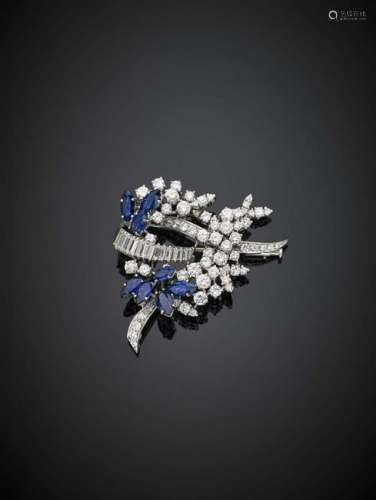 Round and baguette diamond marquise sapphire white gold