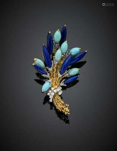 Turquoise, diamond and blue hardstone bi-coloured gold