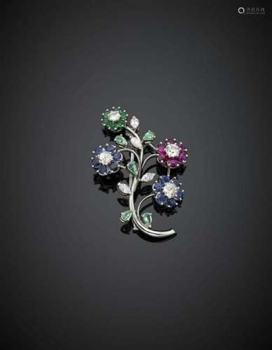 White gold diamond floral brooch with rubies, sapphire,