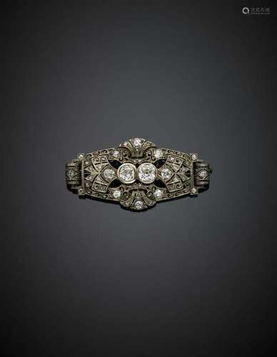 Oldmine diamond millegrain set white gold brooch, the