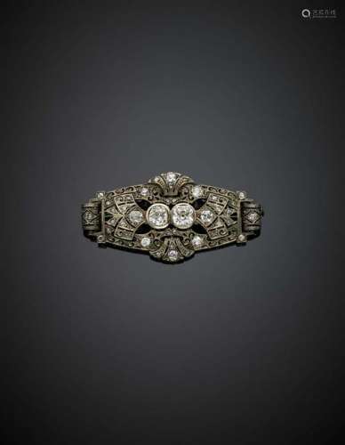 Oldmine diamond millegrain set white gold brooch, the