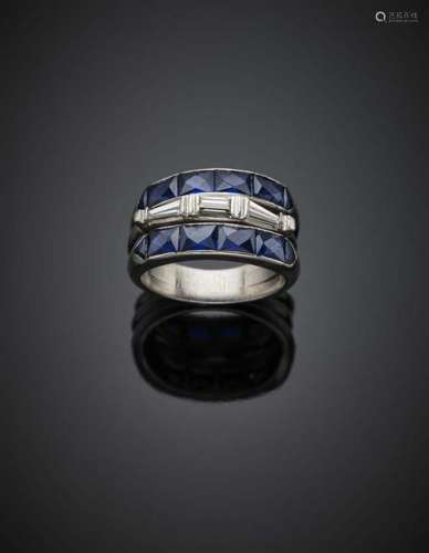 Platinum three-band ring accented with synthetics