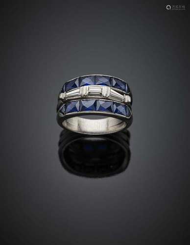 Platinum three-band ring accented with synthetics