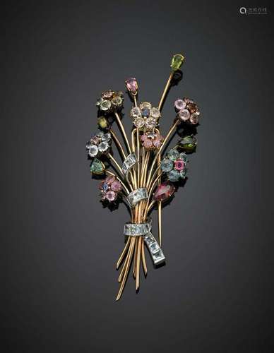 Variously cut gems bi-coloured gold bouquet brooch, g