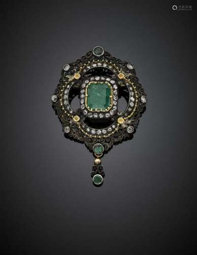 Silver and gold rose cut diamond and emerald brooch,
