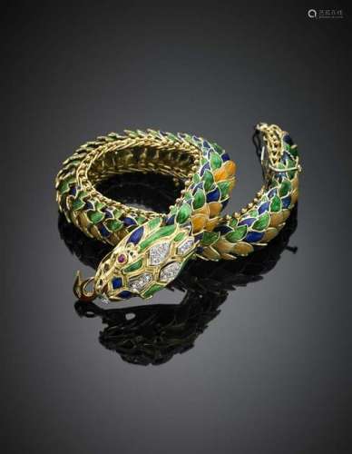 Yellow gold enamel and diamond articulated dragon