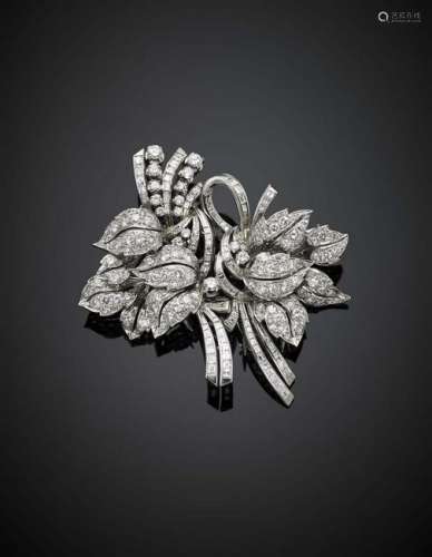 Round and tapered diamond white gold double clip flower