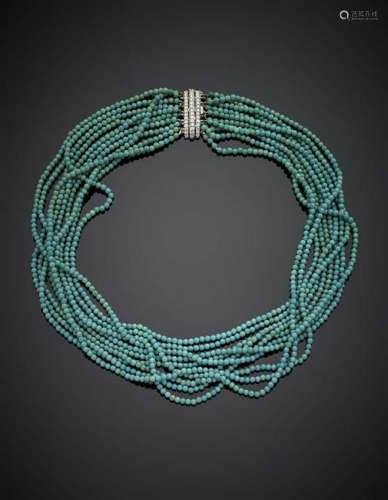 Ten strand turquoise bead necklace with white gold
