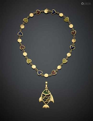 Yellow gold and plique à jour enamel lot comprising