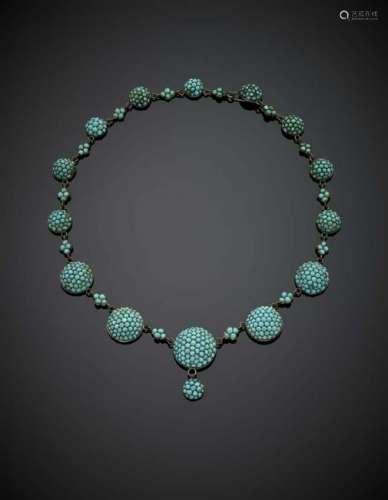 Cabochon turquoise pavé and 9K gold graduated necklace