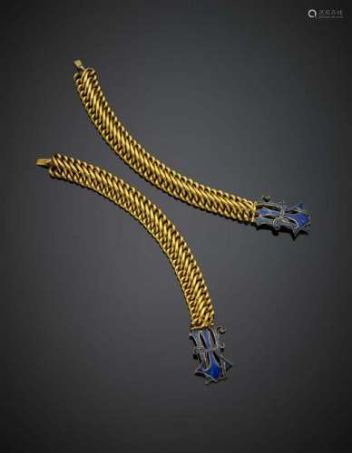 Two yellow gold chain bracelet with blue guilloché