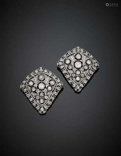 Pair of diamond white chased gold clip brooches, g