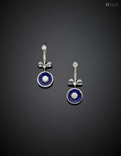 Diamond and blue enamel white gold pendant earrings, in